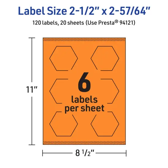 Avery Bright Orange Paper Labels, 2-1/2" x 2-57/64" Hexagon {5}