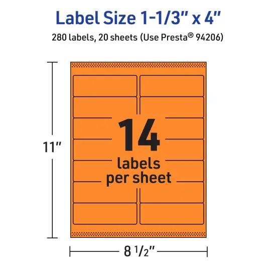 Avery Bright Orange Paper Labels, 1-1/3" x 4" Rectangle {5}