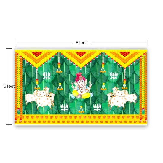 Ganesh and Cow Backdrop 5x8 Feet Indian Traditional Cloth Backdrop Pooja Wall Decor Indian Wall Art Photo Decor Banner Indian Ganesh Pooja Decor Decorative Pooja Cloth {4}