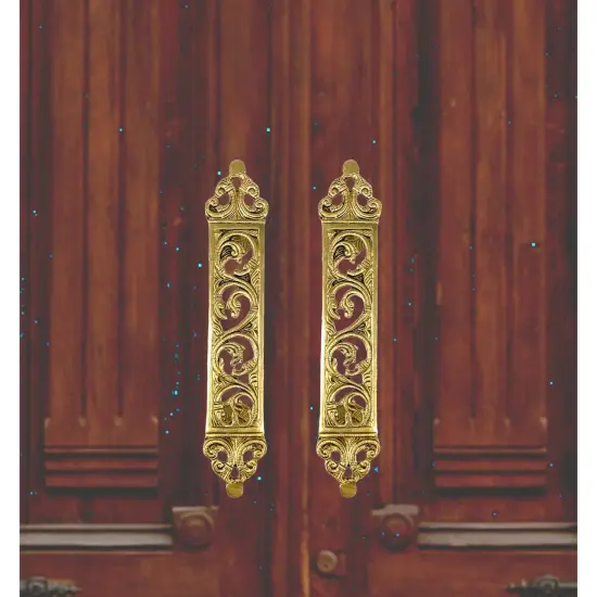 Designer Door Pull Handles Antique Gold Finish 11.7 Inches Pair of 2 Brass Door Knobs for Drawer, Shelf, Cabinet, Wardrobe, Almirah Housewarming Gift {1}