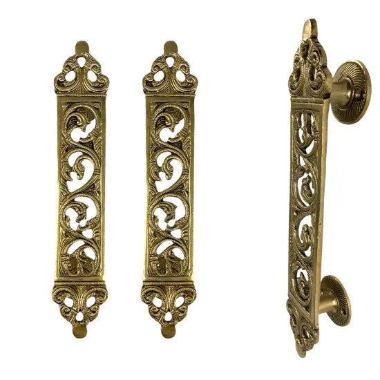 Designer Door Pull Handles Antique Gold Finish 11.7 Inches Pair of 2 Brass Door Knobs for Drawer, Shelf, Cabinet, Wardrobe, Almirah Housewarming Gift {2}