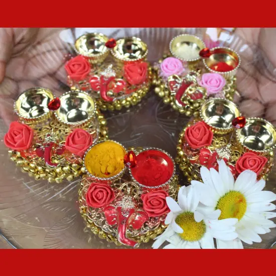 Pack of 4 Ganesha Bulk Haldi Kumkum Thali Holder Pooja Return Gift Indian Housewarming Gifts Haldi Kumkum Holders Roli Chawal Platter Indian Wedding Favor {4}