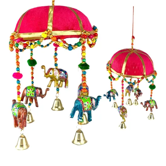 Elephant Door Hanging Rajasthani Wall Window Feng Shui Hanging Handicraft Traditional Ethnic Latkan Toran with Tokri Umbrella for Home Office Decor Decorative Ornament Festival Party Decor Yellow {2}