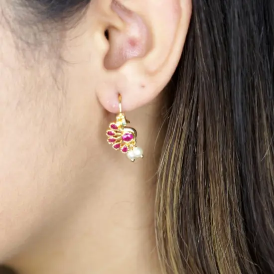Indian Peacock Earrings for Women - Indian Jhumka Earrings for Women Small Tops Earring in Golden Tone Faux Pearl Bollywood Style Dangle Earring Chandelier Jhumki Jewelry for Bride Ruby {5}