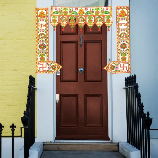 3 Pcs Indian Fabric Door Toran 39 Inch Peacock Shubh Labh Bhandarwal Hanging Valance Traditional Wall Decorative for Window Home Temple Decor Wedding Diwali Navratri Puja Housewarming Decor {1}