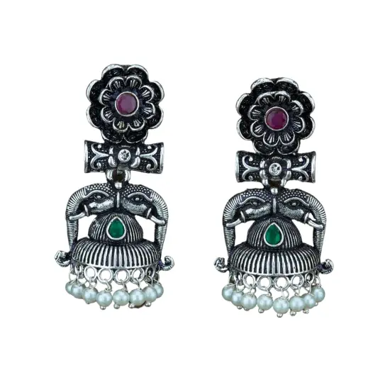 Indian Oxidized Jhumka Earrings for Women - Indian Oxidized Trishul Jhumki Ethnic Shiva Trident Chandbali Earrings Faux Pearls Bollywood Style Floral Dangle Earring Jewelry for Bride RUBYGREEN {1}