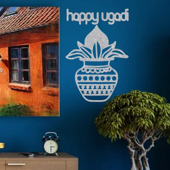 Ugadi Wall Decor Mangal Kalash Happy Ugadi Text Sticker Decorative Cutout Diy Indian Backdrop Traditional Telugu New Year Wall Decor Puja Mandir Ugadi Celebration Spiritual Gift Red {3}