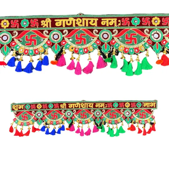 Indian Fabric Door Toran 36 Inch Bhandarwal Hanging Valance Velvet Embroidered Traditional Wall Decorative for Window Home Temple Decor Wedding Diwali Navratri Puja Housewarming Decorations {5}