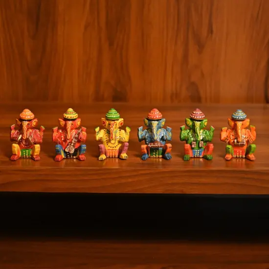 Set of 6 Wooden Musician Ganesha Design Statue Hand Painted Lord Ganesh Sculpture with Musical Instrument Ganpati Figurine for Gift Hindu God Idol Murti for Good Luck & Success (3 Inches) {6}