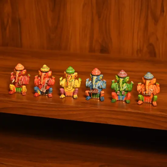 Set of 6 Wooden Musician Ganesha Design Statue Hand Painted Lord Ganesh Sculpture with Musical Instrument Ganpati Figurine for Gift Hindu God Idol Murti for Good Luck & Success (3 Inches) {2}