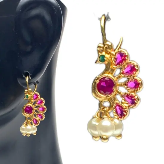 Indian Peacock Earrings for Women - Indian Jhumka Earrings for Women Small Tops Earring in Golden Tone Faux Pearl Bollywood Style Dangle Earring Chandelier Jhumki Jewelry for Bride RubyGreen {4}