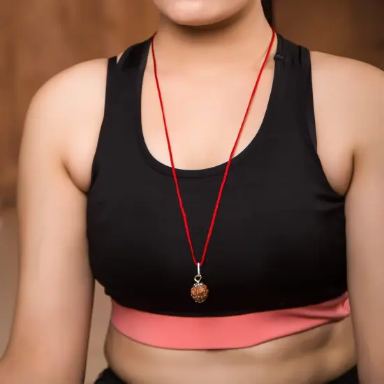 Certified Rudraksha Pendant Mala Prayer Bead Handmade Astrological Shiva Necklace Jewelry for Men Women 3 to 6 Mukhi Rudraksh with Silver Plated on Red Cotton Cord {4}