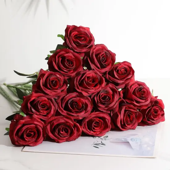 Realistic Fake Flowers Bulk Long Stem Silk Faux Roses Bouquet for Wedding {2}