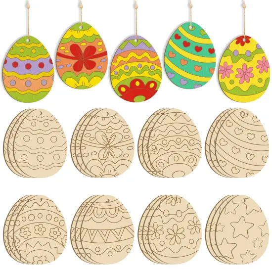 24PCS Wooden Egg Ornaments to Paint Easter Decoration Cutouts Unfinished 8 Different Patterns, DIY Blank Unfinished Wood Discs Ornament for Home Crafts Hanging Spring Decoration 3.5 inches {1}