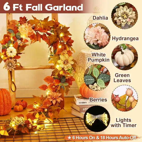 6 FT Fall Garland with Lights - 1 Pcs {5}