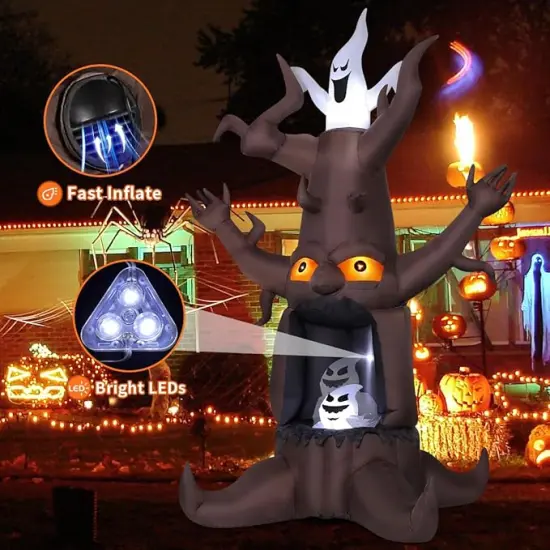 GOOSH 9 FT Halloween Inflatable Animated Dead Tree Blow Up Yard Scary Tree and White Ghost with Built-in LEDs (Tree Ghost) {3}