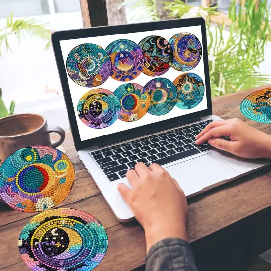8 Pieces Diamond Art Coaster Kit with Holder DIY Sun and Moon Diamond Art Coaster Gifts 5d Diamond Dot Coaster for Beginners Adults Kids Art Table Home Craft Gift Supplies {5}