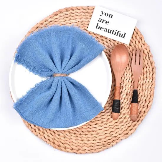 Dark Blue 6 Pack Handmade Cloth Napkins Cotton Linen Easter Spring Napkins with Fringe Rustic Bulk Dinner Napkins for Wedding Party Baby Shower Table Decor {3}