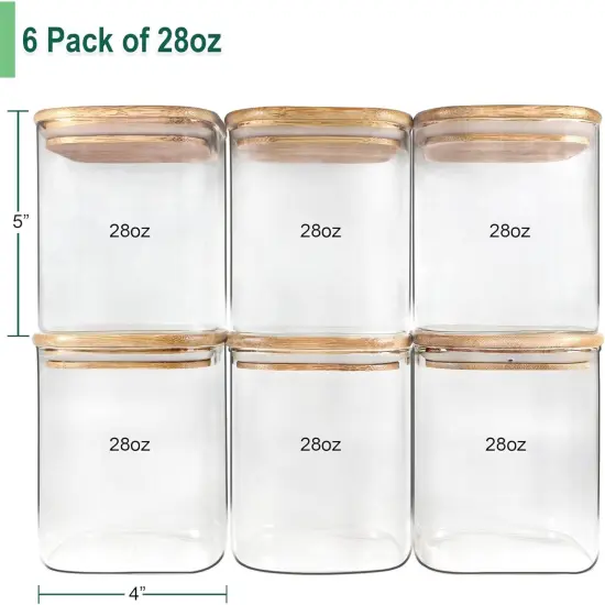 Glass Jars with Bamboo Lids, Square Glass Jar with airtight lids, 6 pack of 28oz, Food Storage Containers with bamboo lids, Panty Jars {3}