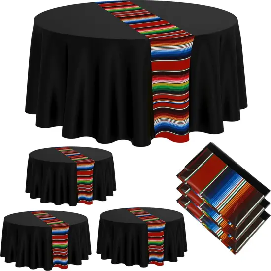3 Pcs Mexican Fiesta Tablecloth 84 Inch Plastic Tablecover Waterproof Round Tablecloth Striped Serape Table Runner for Mexican Carnival Wedding Taco Party Decorations (Black) {1}