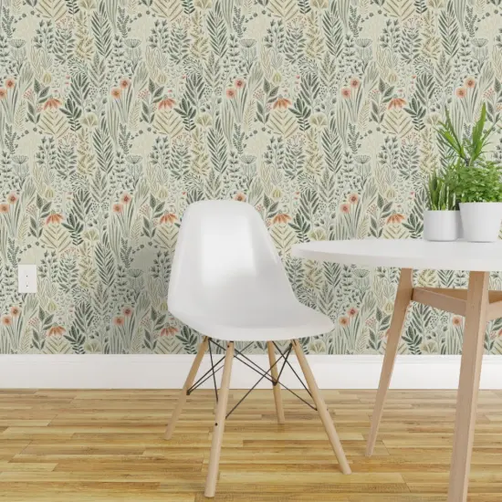 Pre-Pasted Wallpaper 2FT Wide Neutral Floral Green Beige Botanical Leaves Plant Marjoram Herb Custom Pre-pasted Wallpaper by Spoonflower {1}