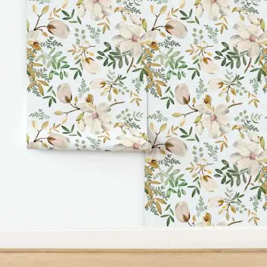 Peel & Stick Wallpaper 2FT Wide Botanical Magnolia Eucalyptus Green Watercolor Floral Wedding Nursery Cream Spring Flowers Custom Removable Wallpaper by Spoonflower {2}