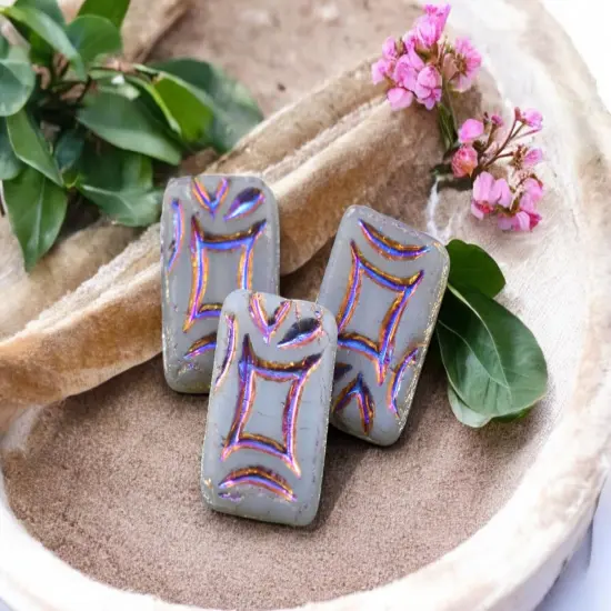 *6* 19x13mm Matte Grey Opal Sliperit Rainbow Rectangle Beads {1}