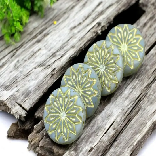 *6* 18mm Gold Washed Matte Aqua Opaline Star Flower Coin Beads {5}