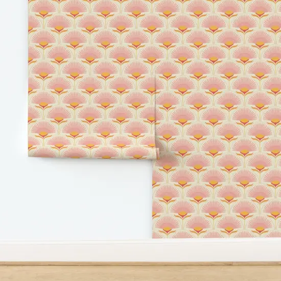 Pre-Pasted Wallpaper 2FT Wide Floral Exotic Tropical Palm Botanical Geometric Pink Scallop Fish Scale Maximalism Midcentury Modern Small Flower Dots Hand Drawn Custom Pre-pasted Wallpaper by Spoonflower {2}