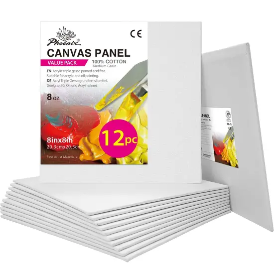 Painting Canvas Panels 8x8 Inch, 12 Value Pack - 8 Oz Triple Primed 100% Cotton Acid Free Square Canvas Boards for Painting, White Blank Flat Canvas Boards for Acrylic, Oil Paints {1}