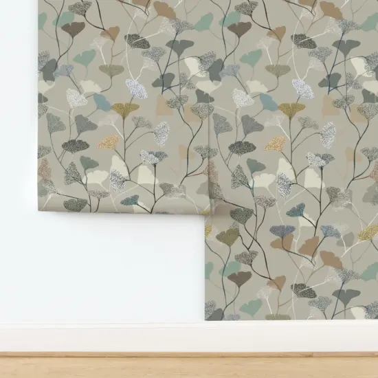 Peel & Stick Wallpaper 2FT Wide Neutral Calm Ginkgo Boho Leaves Earth Tones Serene Tan Vines Scandi Nature Japandi Custom Removable Wallpaper by Spoonflower {2}