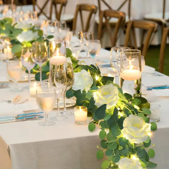 6.6FT Eucalyptus Garland with Lights Spring Baby Breath Flower Garland with 12 White Roses Artificial Floral Greenery Vine for Table Arch Backdrop Wedding Valentines Day Decorations {4}