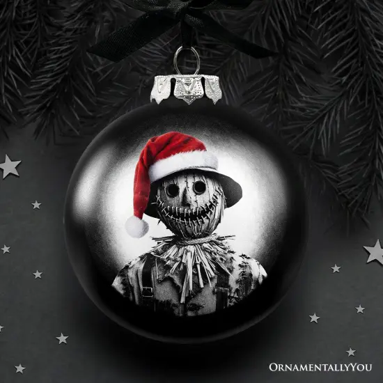 Scarecrow Christmas Spooky Portrait Glass Ornament, Black Horror Halloween Tree Decoration {1}