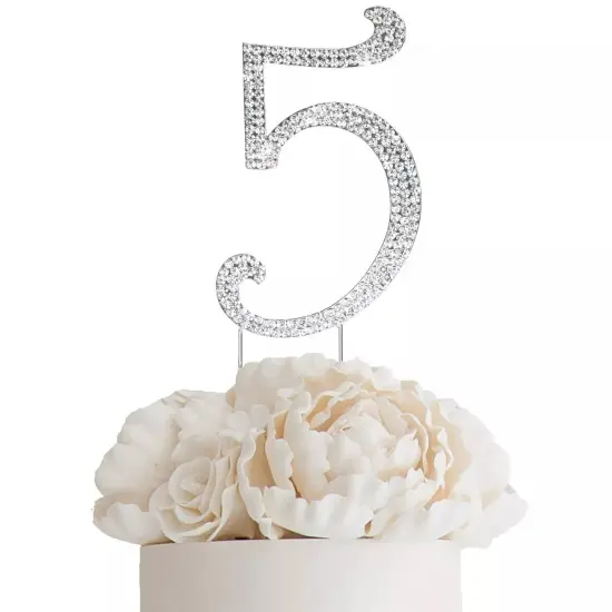 4.5" tall Silver Crystal Rhinestone Cake Topper Wedding Birthday Decorations {1}