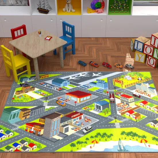 KC Cubs: Educational Rug: City Streets Road Map - 8x10' Playmat - Interactive Toy Car Route, Activity Area Carpet, Bedroom-Classroom, Baby-Toddler-Kid {4}