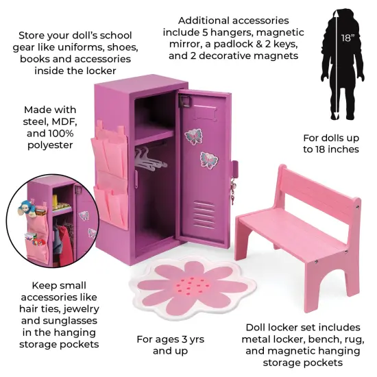 Badger Basket School Style Single Doll Locker Set with Bench, Rug and Accessories - Purple/Pink {3}
