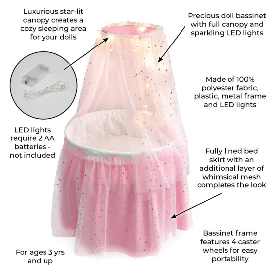 Badger Basket Sweet Dreams Round Doll Bassinet with Canopy and LED Lights - Pink/White/Stars {3}