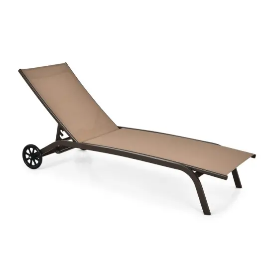 Adjustable Outdoor Chaise Lounge Chair with Wheels &ndash; Steel Frame, Breathable Fabric Brown {8}