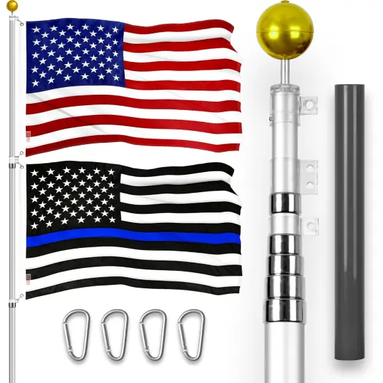 G128 Combo Pack: 20 Ft Telescoping Aluminum Flagpole (Silver) & American and Thin Blue Line Flags 3x5 Ft, Both ToughWeave Series Embroidered Polyester | Pole with Flags Included {1}