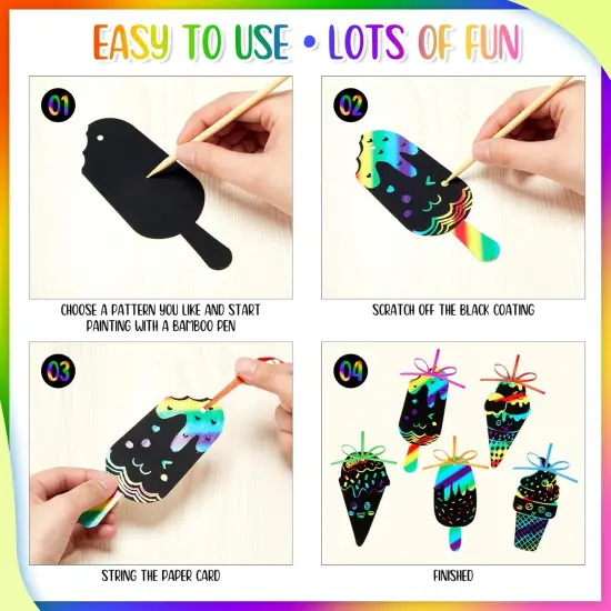 100 Pcs Ice Cream Scratch Cards Rainbow Color Scratch Ornaments Summer Scratch Paper Crafts Kits {4}