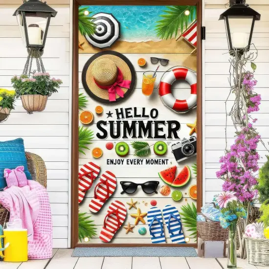 Hello Summer Door Cover Banner 71x35 Inch Summer Hawaiian Party Decorations for Front Porch Photo Background Decor Door Decorations {3}