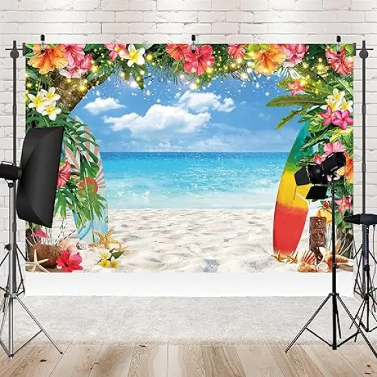 7x5ft Polyester Summer Beach Seaside Backdrop Hawaiian Tropical Palm Leaves Surfboard Photography Background for Aloha Luau Party Decoration Banner Portrait Photo Booth Props {2}