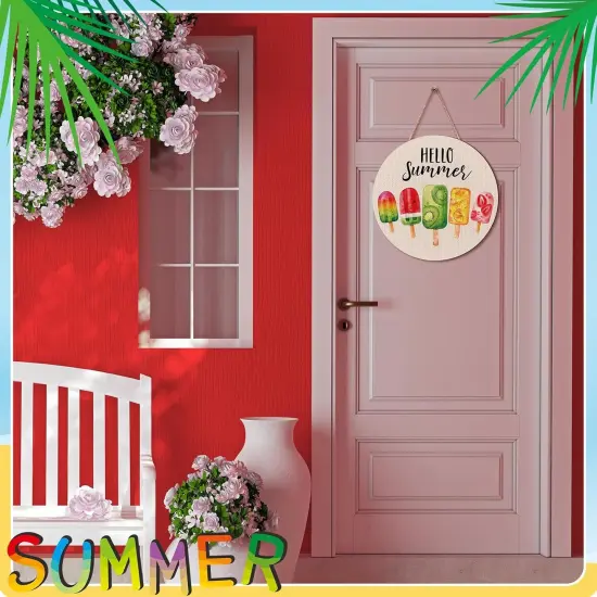 Hello Summer Door Decor Ice Cream Wreath Front Door Hanger Ice Lolly Farmhouse Summer Wooden Hanging Welcome Beach Wall Wreath Sign for Home Seasonal Holiday Porch Office Garden Office {5}