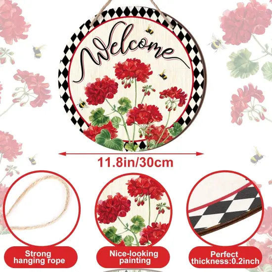 Welcome Sign Wreaths for Front Door Wooden Summer Buffalo Plaid Door Hanger for Outdoor Indoor Outside Porch Farmhouse Home Window Wall Hanging Decoration, 11.81 Inch(Geranium Flower) {3}