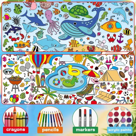 2 PCS Giant Summer Activity Coloring Poster, Under The Sea Large Coloring Tablecloth Ocean Animals Giant Color-in Paper Table Cover for Kids School Classroom Wall Birthday Crafts Supplies {4}