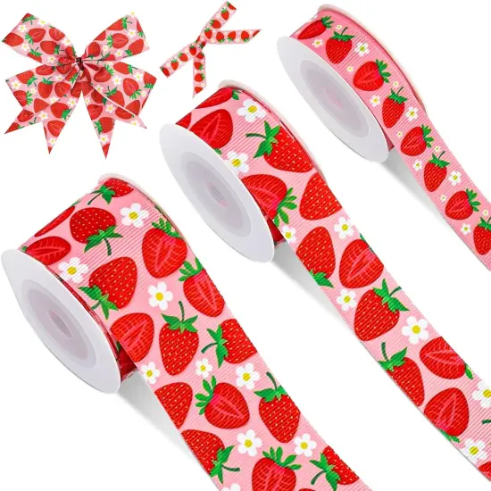 3 Roll Strawberry Grosgrain Ribbon Summer Fruit Ribbon for Wreath Bow Craft Gift Wrap Party Decor, 15 Yards {1}
