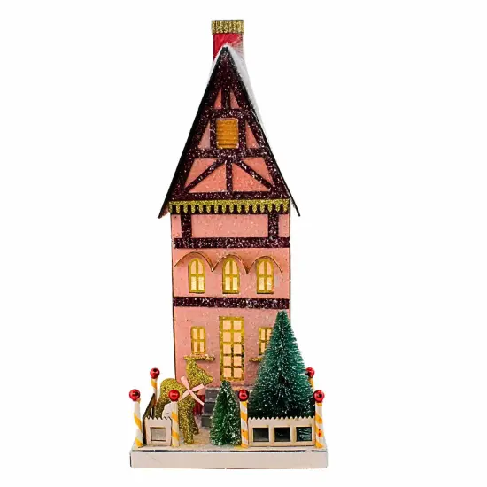 Cody Foster 15.5 Inch Petit Townhouse House Christmas Putz House , Christmas Decor Putz Village Deer Retro Pink {1}