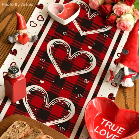 Artoid Mode Buffalo Plaid Love Hearts Valentine's Day Table Runner, Seasonal Kitchen Dining Table Decoration for Indoor Home Party 13x72 Inch {5}