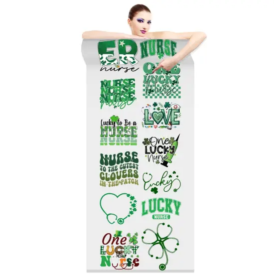 St. Patrick's Nurse: Shamrocks & Scrubs DTF Transfer 22x60 - Direct-to-Film Gang Sheet, Ready-to-Press St. Patrick's Day Nurse Design for Apparel {1}