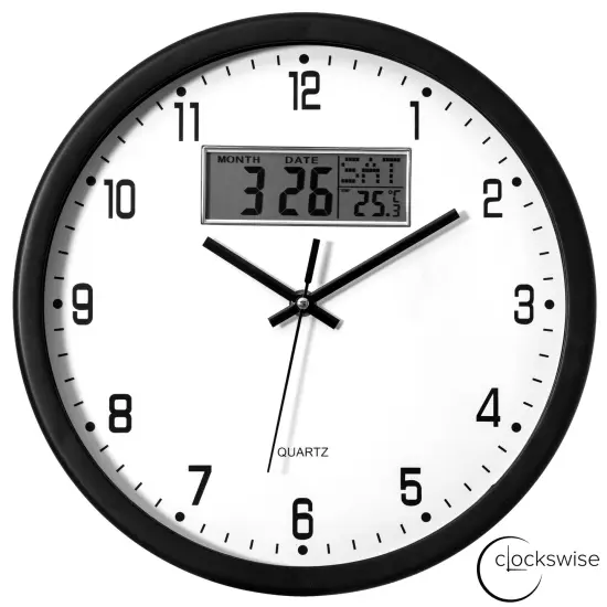 Clockswise Wall Clock, Non-Ticking Analog & Digital with Temperature Display Battery Powered, Silent Operation, Switchable Time and Date - Perfect for Classroom Office Bedroom and Study, Black {1}